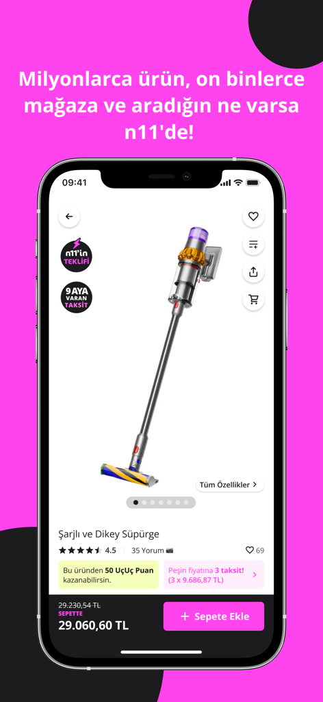 A mobile screen showing the n11 app product page for a cordless stick vacuum cleaner with price and installment options in Turkish.