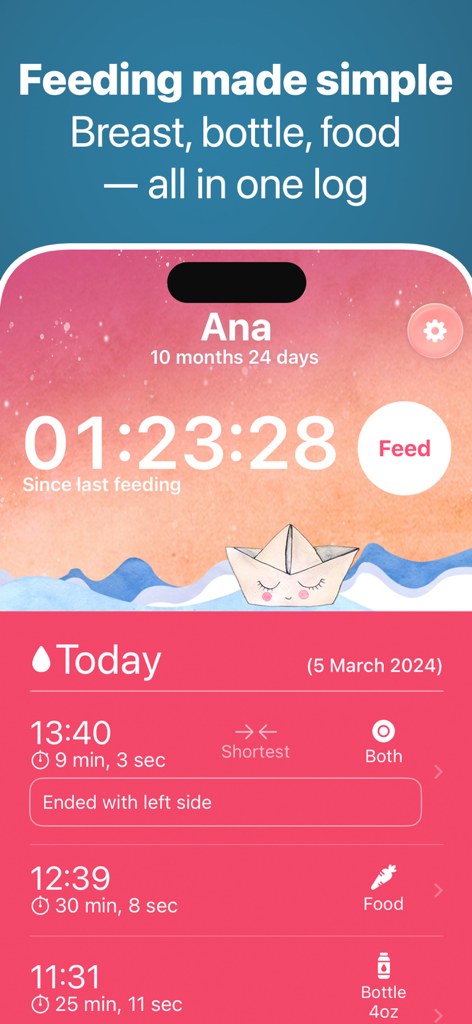 Baby Tracker & Easy Log: Grow - Grow app feeding tracker interface showing a countdown timer and a daily log of breast bottle and food entries