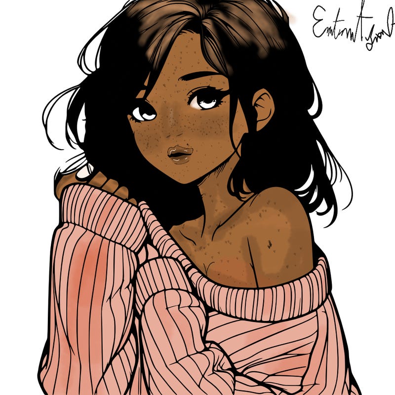 realistic girl with a sweater falling off shoulder