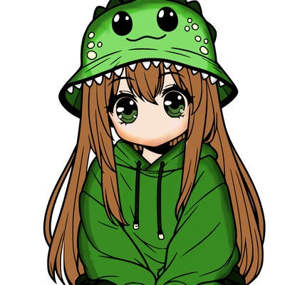 girl with anime shaped eyes with a dinosaur bucket hat oversized sweatshirt long straight hair