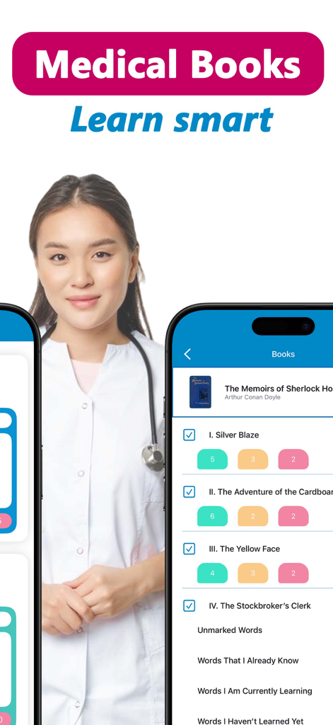 Medical English for Doctors - Una doctora junto a un smartphone mostrando la lista de libros de inglés médico y funciones de seguimiento de vocabulario.