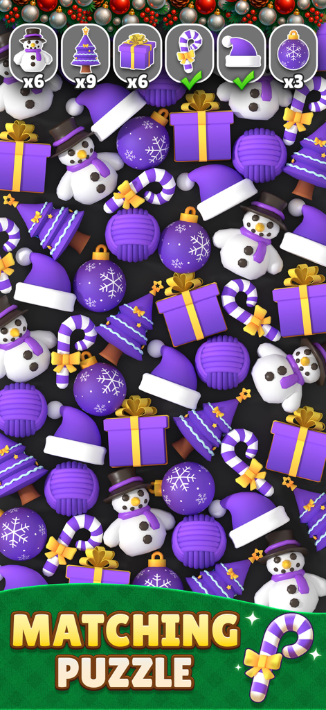 Pantalla de juego de Match Triple 3D con adornos navideños morados festivos y objetos festivos.