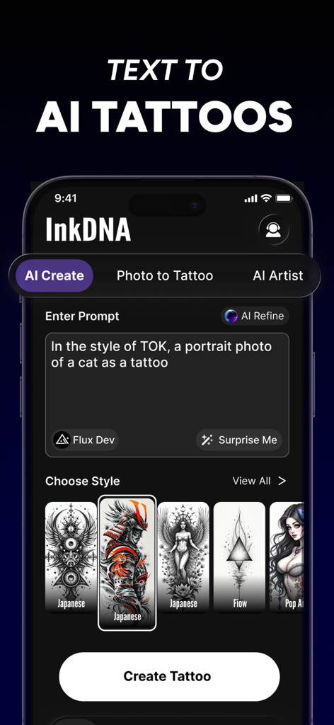 InkDNAモバイルアプリインターフェース、プロンプト入力とスタイル選択付きのテキストからAIタトゥー生成画面を表示