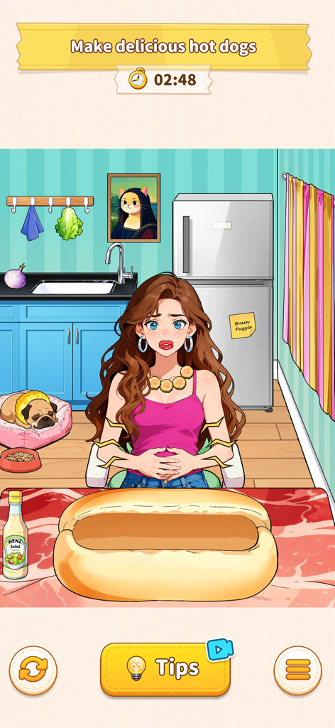 A tricky puzzle scene from Brain Puzzle 3 Crazy Mind featuring a hungry character in a kitchen with a giant hot dog bun.