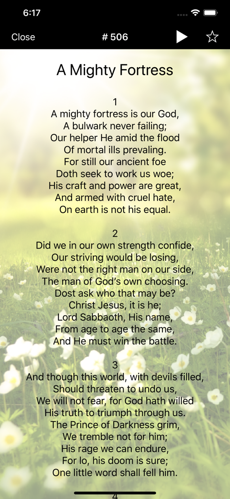 Adventist hymnal - Lyrics of the hymn A Mighty Fortress in the Adventist Hymnal app