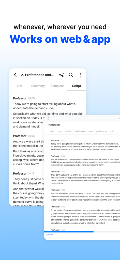 daglo app interface showing synchronized AI transcription of a lecture across web and mobile platforms