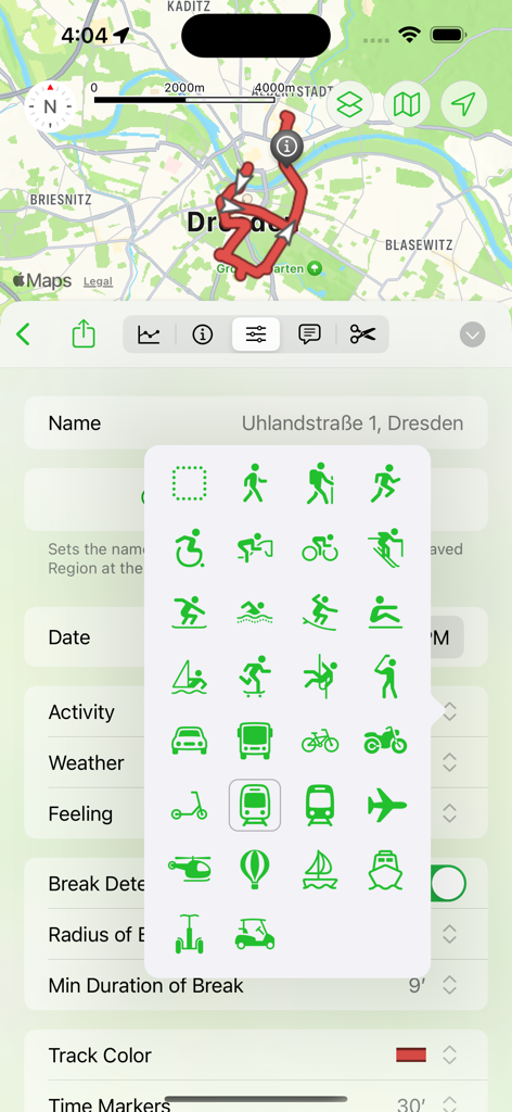 Pado - Pado app interface showing a GPS track on a map and a pop up menu with various activity icons for walking cycling and transportation