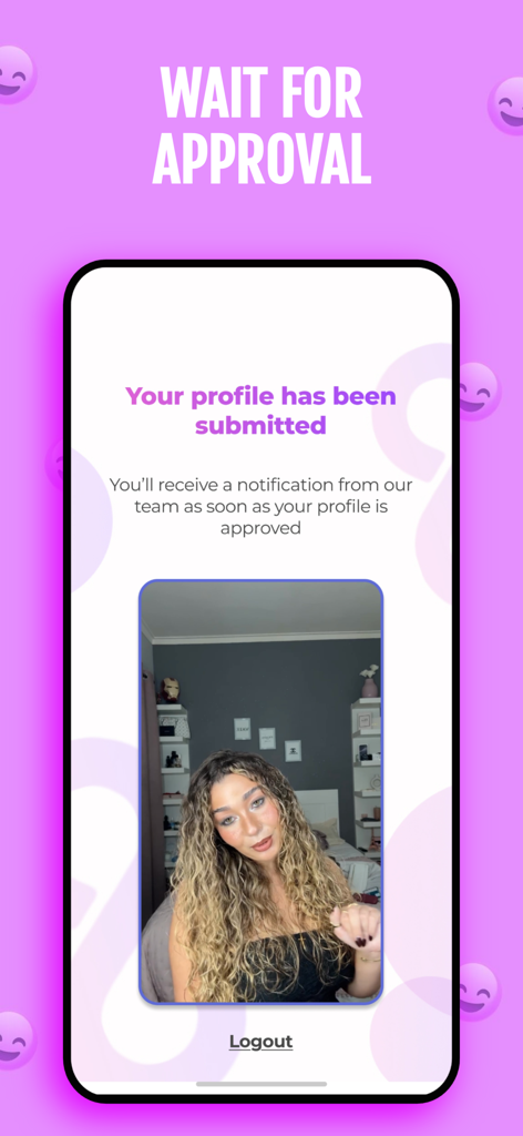 Eight: Smile, Video & Date - A smartphone screen from the Eight dating app showing a profile submission confirmation and a video intro preview.