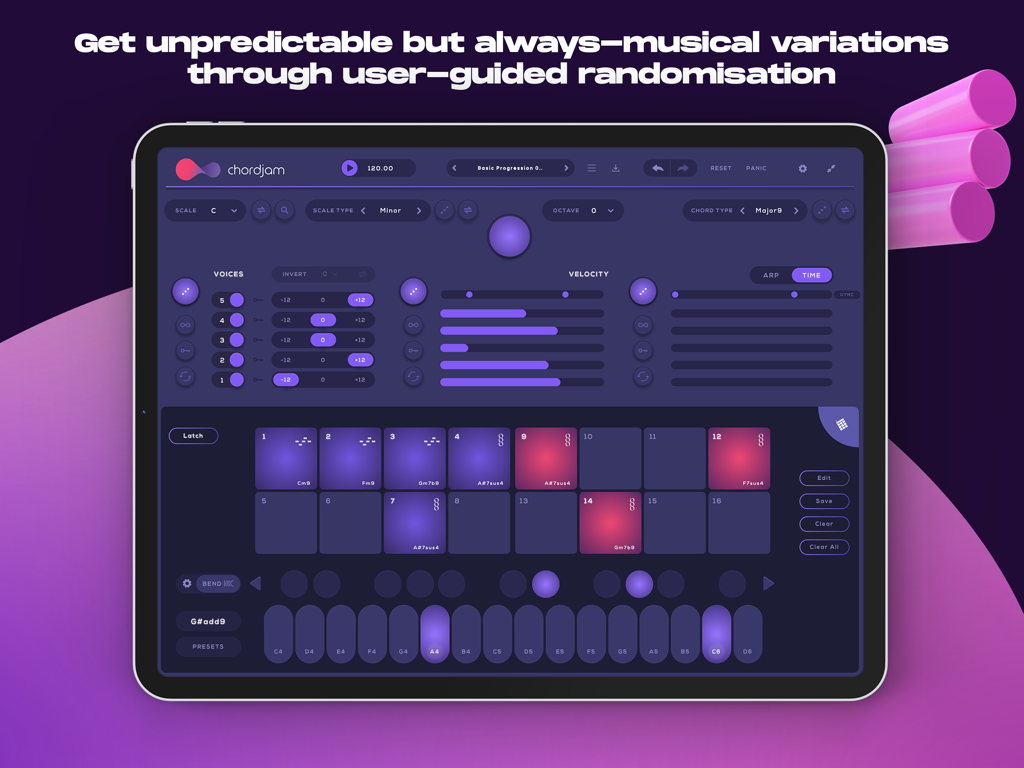 iPad上のChordjamアプリのインターフェースは、コード進行パッドとシーケンサー設定を示しています。