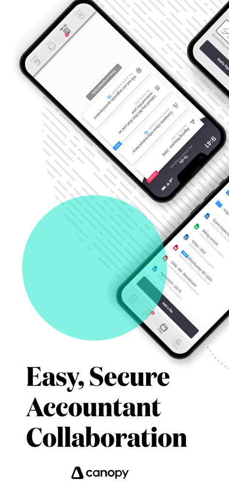 Due telefoni cellulari che mostrano l'interfaccia dell'app Canopy Client Portal per la collaborazione sicura con i commercialisti.