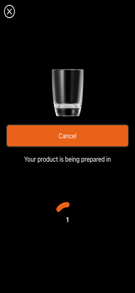 JURA Pocket Pilot - JURA Pocket Pilot app interface showing a countdown for coffee preparation progress with a cancel button
