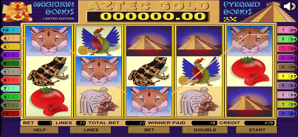 Aztec Gold Slot - A classic five reel slot machine interface for Aztec Gold Slot featuring pyramid and animal symbols.