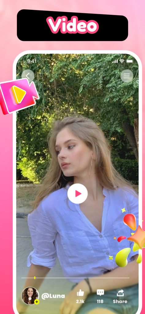 Video player interface of the Vinta app showing a user profile and social interaction buttons.