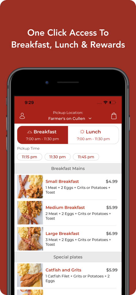 Farmer's Fresh Kitchen - Farmer's Fresh Kitchen mobile app showing breakfast menu options and pickup scheduling for Houston soul food.