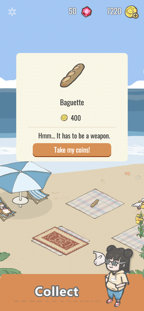Tuana - A screenshot of the cozy life simulation game Tuana showing a baguette item shop window on a beach scene