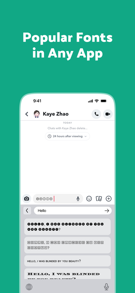 RizzKey -AI Emoji Keyboard - Una captura de pantalla de una app móvil mostrando la extensión del teclado RizzKey con varias opciones de estilos de fuente únicos en una ventana de chat.