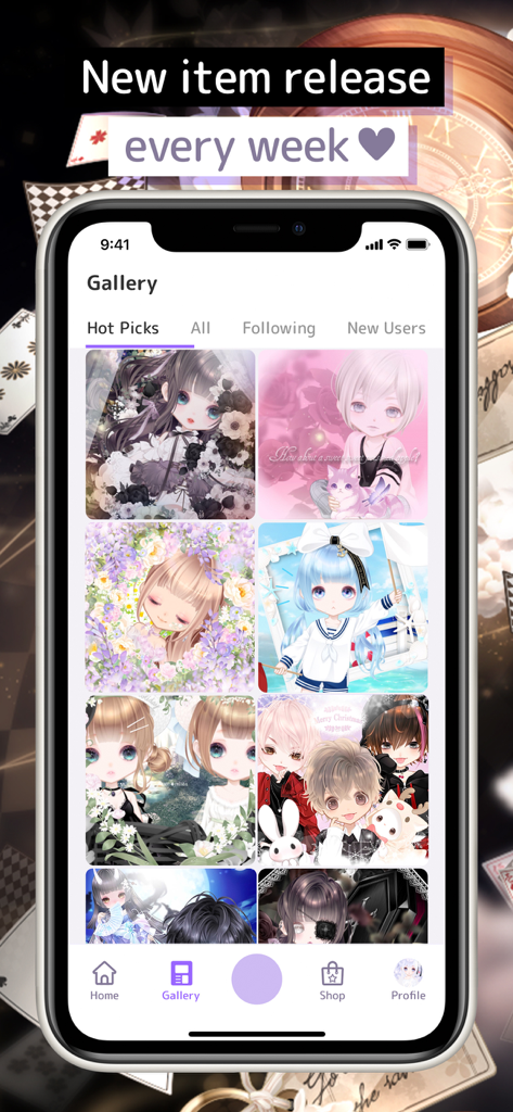 Purenista M: Dress-up & Chat - Purenista M app gallery showing a variety of anime style avatar character designs and art scenes