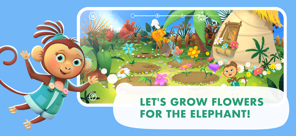 Monkey character watering and growing flowers in the Jungle Town garden mini-game