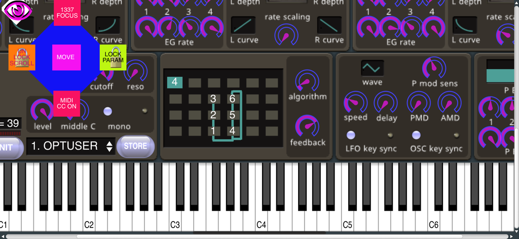Oberfläche der Dexed Synth App mit FM-Synthesizer-Steuerungen und einer Klaviatur