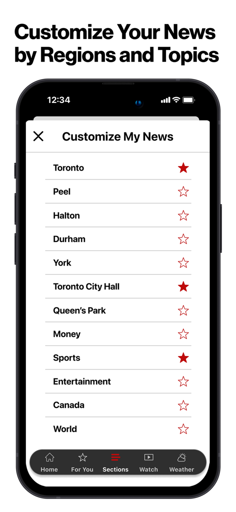 Screenshot of the CP24 app showing a list of news topics and regions to personalize the user feed