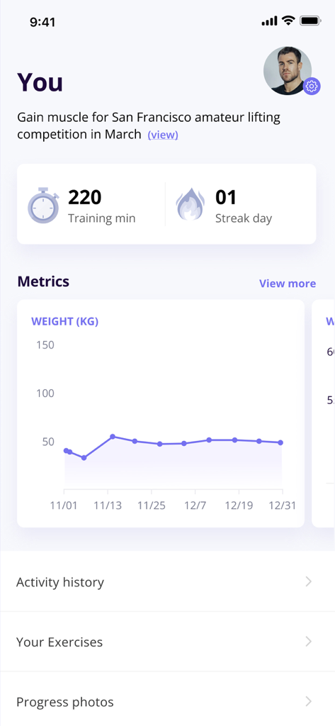 Everfit - Train smart - Everfit app dashboard with weight tracking chart and fitness metrics