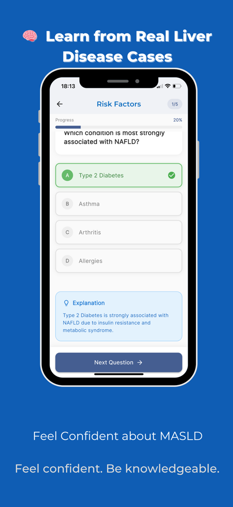 LiverAlertMe: Fatty Liver Care - A mobile app screenshot showing an educational quiz about liver disease risk factors and NAFLD.