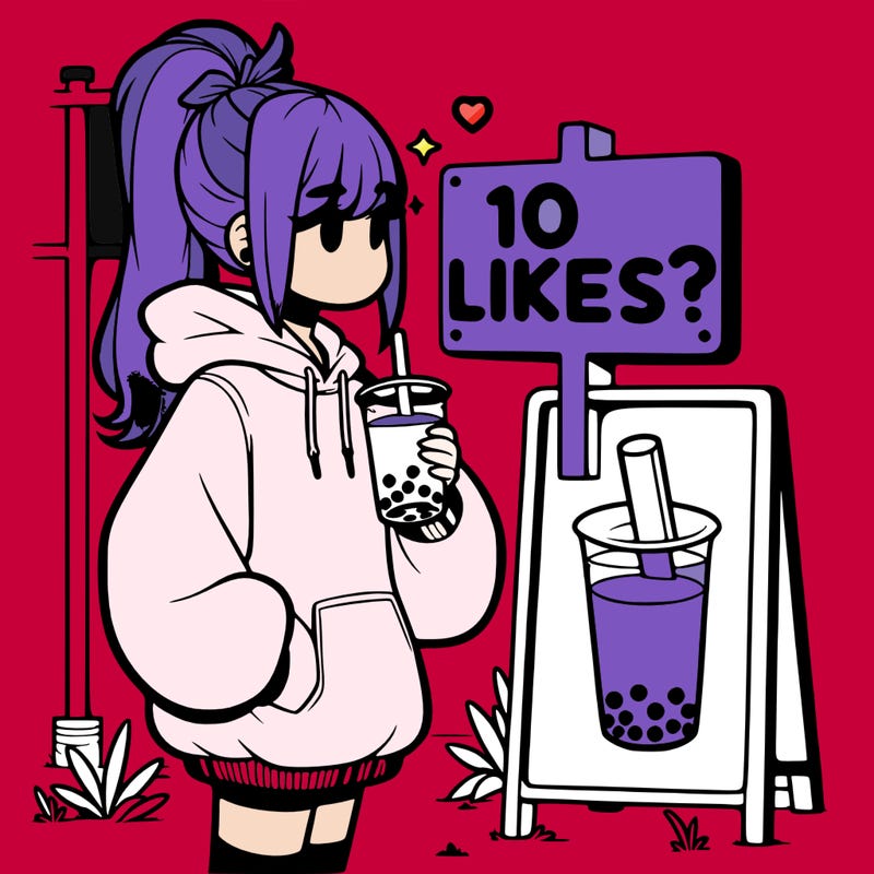 girl with oversized hoodie drinking boba and she has a high ponytail with a sign that says 10likes?
