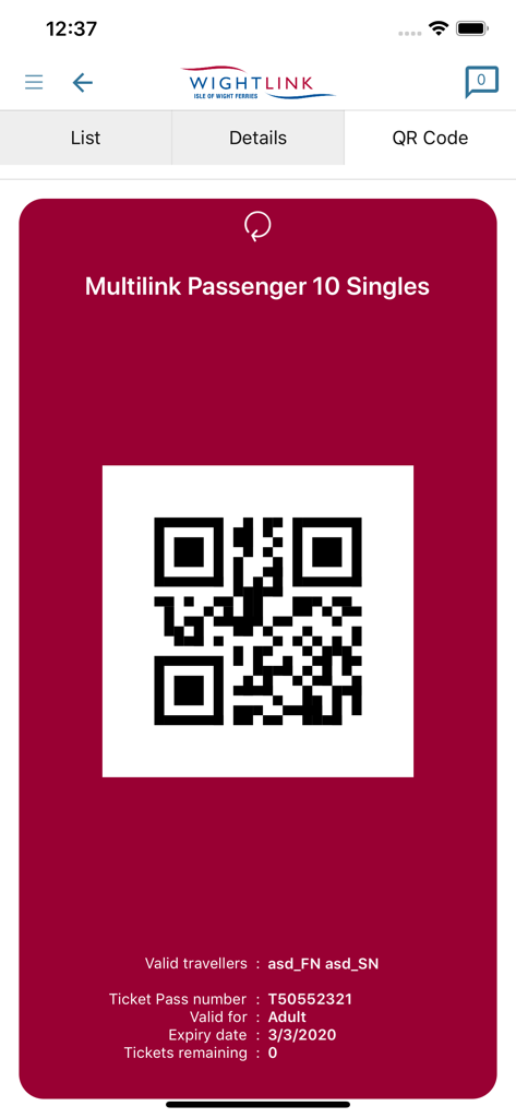 A digital QR code for a Wightlink ferry passenger pass on a mobile screen