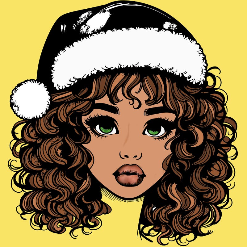 realistic girl with a santa hat curly hair and lips