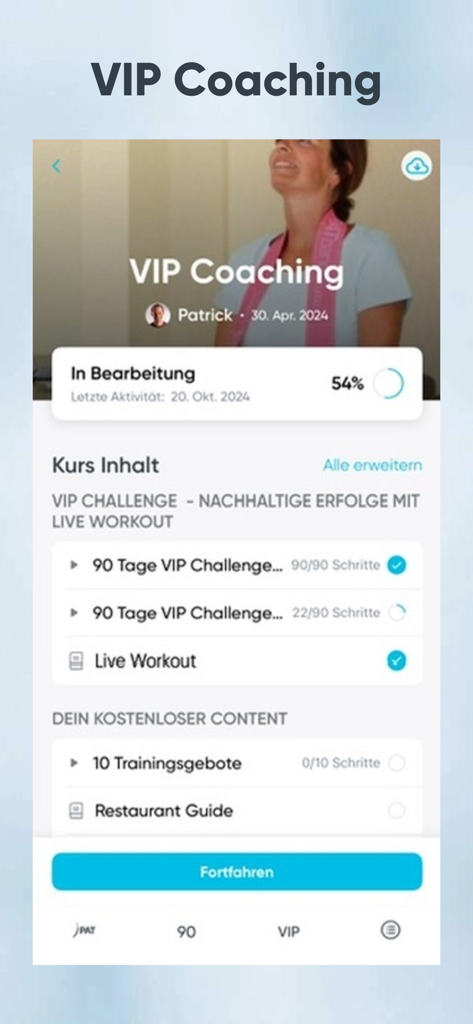 PAT.fit - PAT.fit App-Oberfläche mit Fortschrittsanzeige des VIP-Coachings und Kursinhalten.