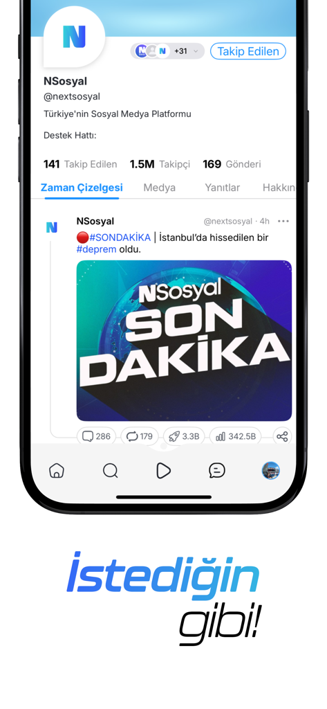 NSosyal - Interface de l'application de réseautage social NSosyal montrant le profil d'un utilisateur avec des abonnés et une publication d'actualité multimédia.