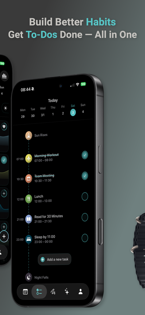 Habit Tracker - Habtik - Habit Tracker Habtik interface showing a daily timeline of habits and tasks on iPhone.