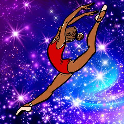gymnast doing a leap in a leotard with a bent back leg