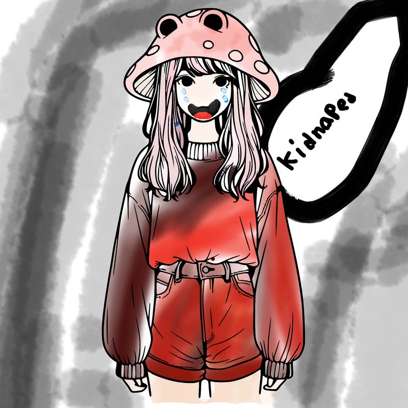 a realistic girl with a frog hat and baggy mushroom shirt