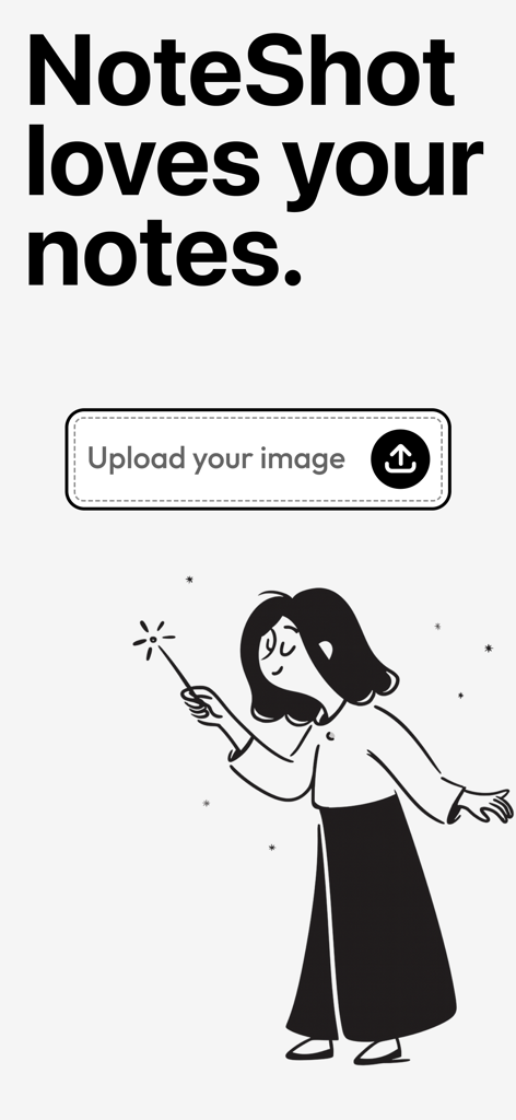 NoteShot: Photo Note to Notion - Pantalla de la aplicación NoteShot con un botón de carga y una ilustración creativa de una mujer con una varita mágica