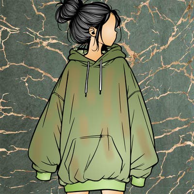 realistic girl with a oversized sweatshirt on and a bun