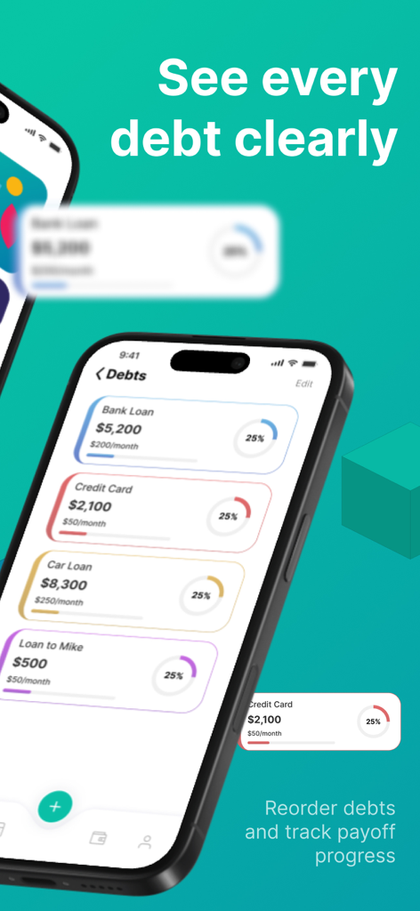 Cash Now + - Pantalla de smartphone que muestra varias deudas con rastreadores de progreso visual
