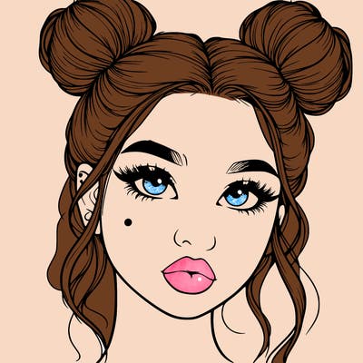 realistic girl with two buns on her hair and lips
