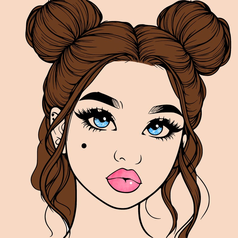 realistic girl with two buns on her hair and lips