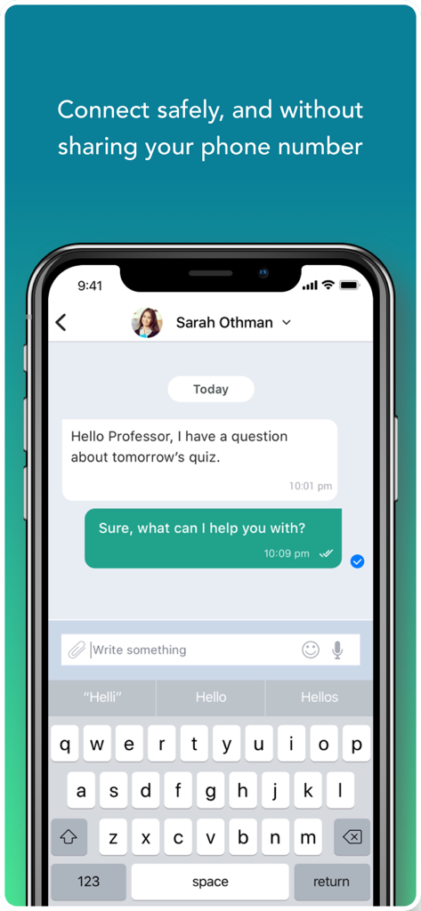 MyU - Interactive Learning - A private chat screen in the MyU app showing a secure conversation between a teacher and a student without sharing phone numbers.