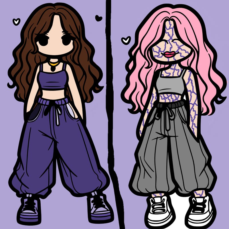 girl in baggy pants crop top and long hair