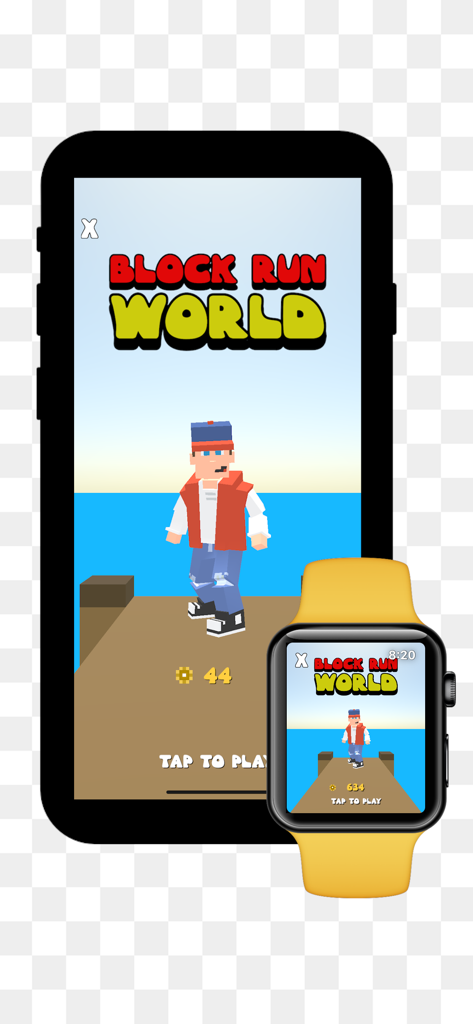 Gameplay di Block Run World mostrato su un iPhone e un Apple Watch con grafica voxel e personaggio