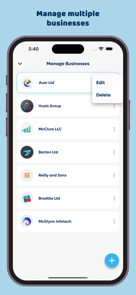 Tela do aplicativo móvel mostrando uma lista de diferentes perfis de empresas para gerenciar várias empresas em um só lugar