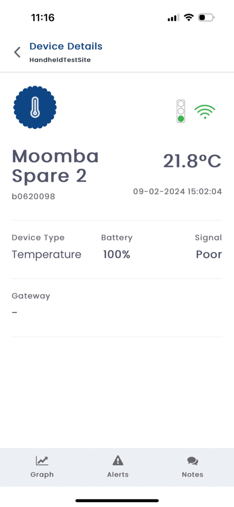 CT APP - Interface of the CT APP displaying real-time temperature data, battery life, and signal strength for a food safety monitoring device.