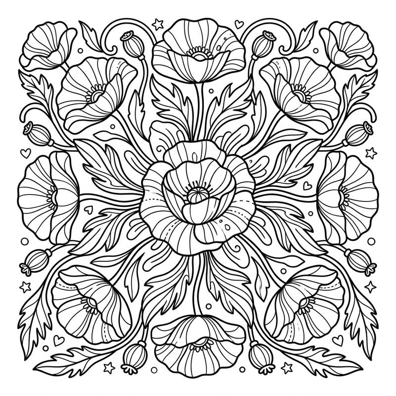 Unleash creativity with this charming poppy mandala coloring page, perfect for young artists. Its symmetrical design filled with cheerful poppies offers a delightful and engaging coloring experience.