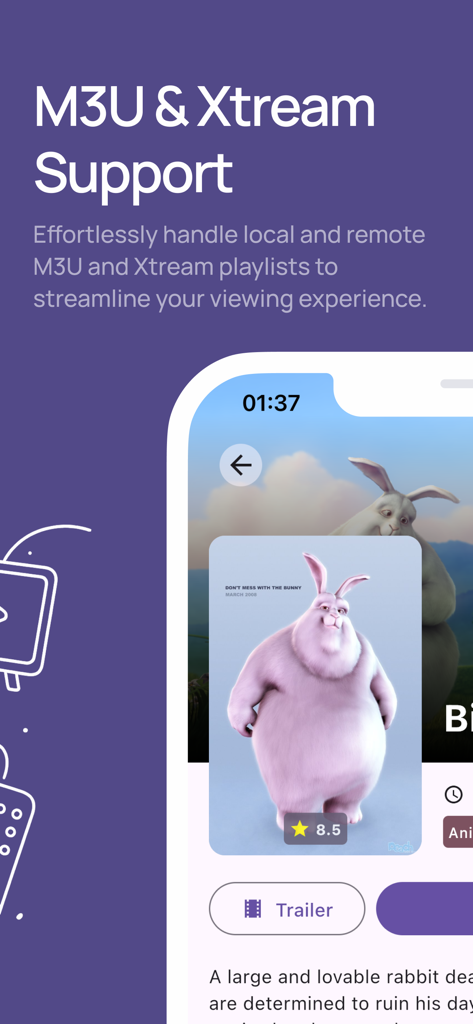 Simple IPTV - Live Player - Simple IPTV app interface displaying M3U and Xtream support for media playlists.