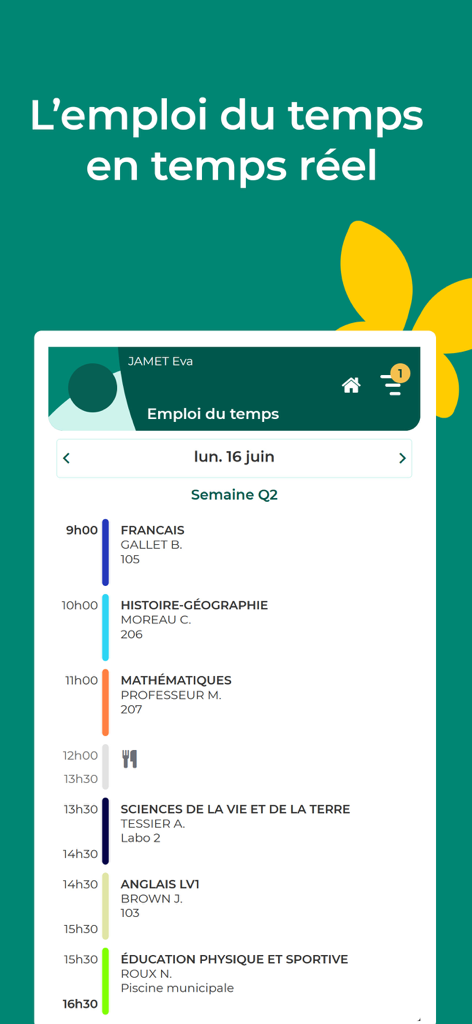 Interface of the PRONOTE app displaying a students daily class schedule in real time