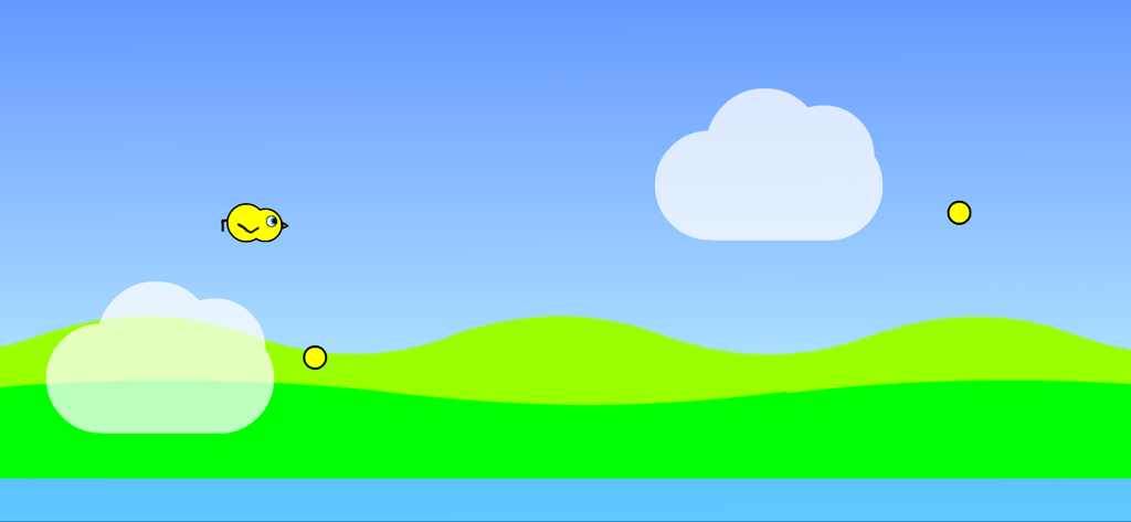 Duck Life 1 - A small yellow duckling flying in a blue sky with clouds above green hills while collecting coins in a training mini-game.