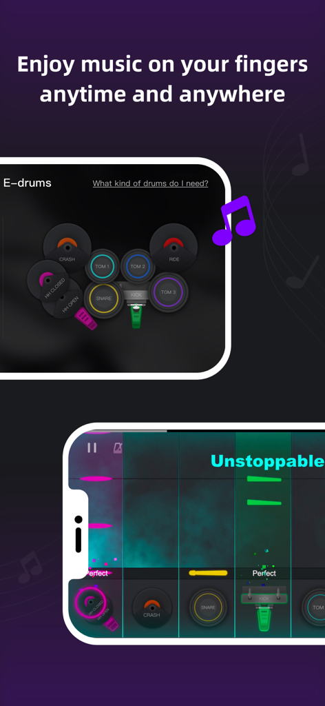 InstaDrum - Be a Drummer Now - InstaDrum app interface showing a virtual drum kit and rhythm game mode on a smartphone