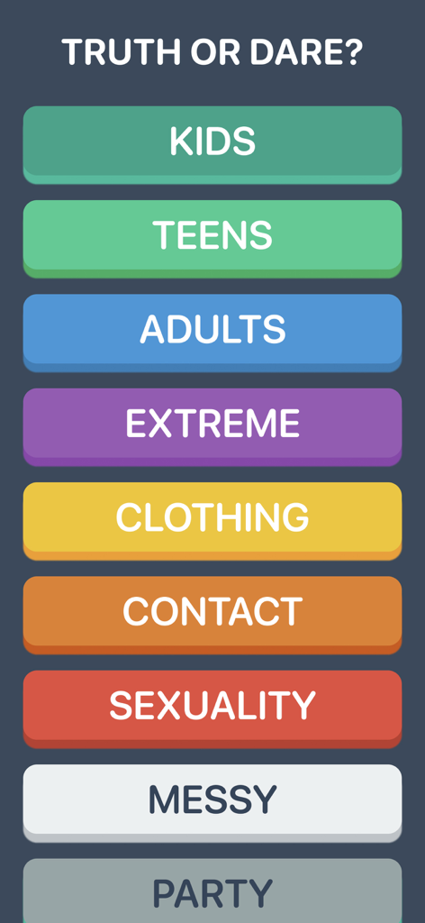 Truth or Dare? - Truth or Dare mobile app menu displaying game categories including Kids Teens Adults and Extreme